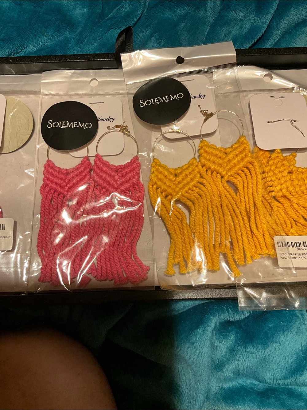 Macrame Braided Fringe Hoop Earrings - Pink or Yellow NEW SOLOMEMO